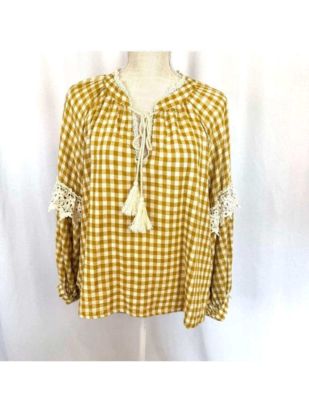 Everleigh Top Women's M Yellow & White Checkered Long Sleeve Cottagecore